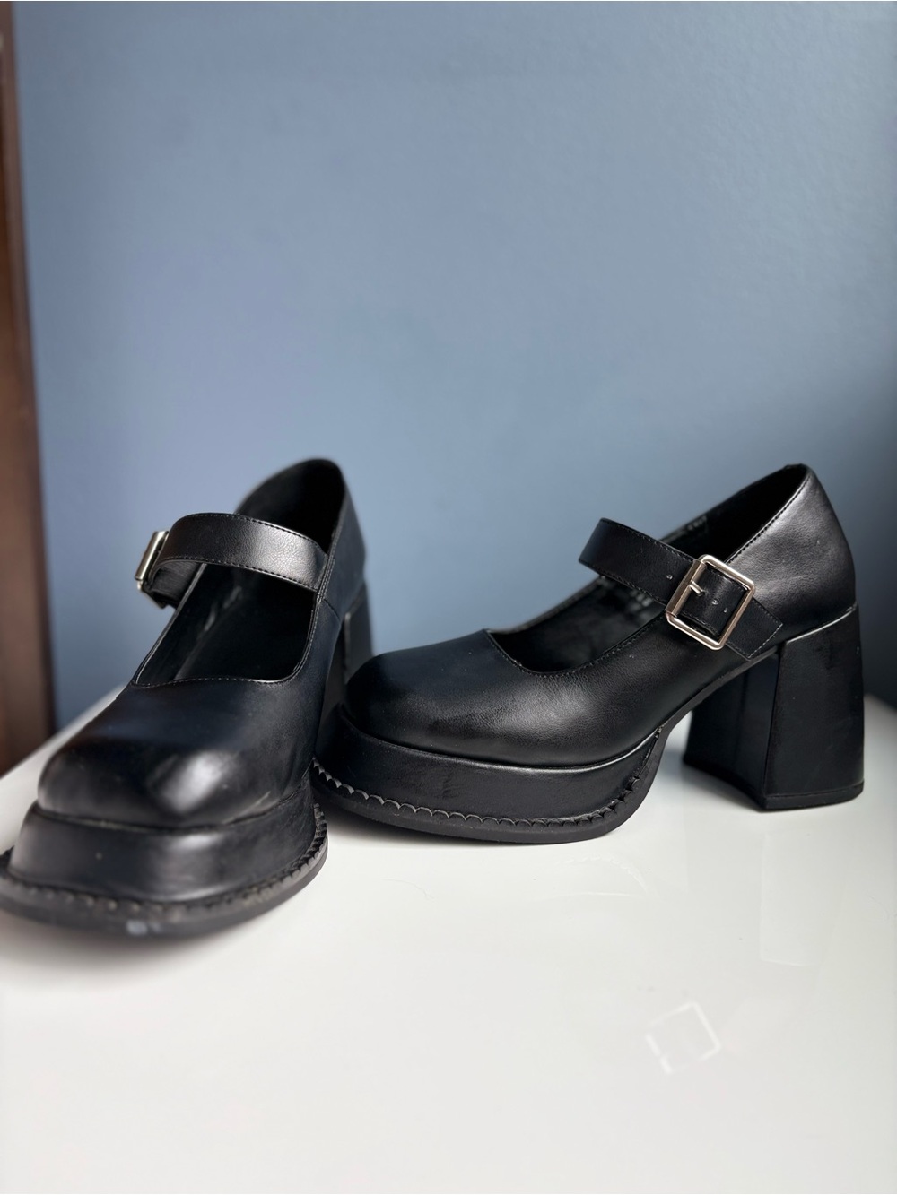 dELiA*s Black Mary Jane Platform Block Heels Silver Tone Buckle